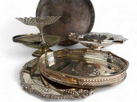 ASSORTED PLATED WARE including shaped circular cake basket with pierced rim and swing handle,