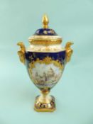 COALPORT LIDDED PEDESTAL VASE, cobalt blue and painted with a view of St. Paul's Cathedral,