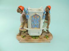 RARE ERNST BOHNE SÖHNE GERMAN PORCELAIN VASE, modelled as sedan chair with blue and gilded