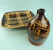ANTIQUE STAFFORDSHIRE SLIPWARE GLAZED BAKING DISH, the cream slip in a lattice pattern on a brown
