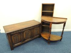 GEORGE V CARVED OAK COFFER / BLANKET CHEST, 57 (h) x 105 (w) x 45cms; also an oak pillar open