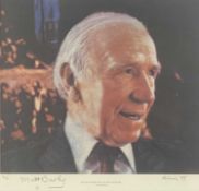 ‡ HAROLD RILEY (British, 1934-2023) colour print - 'Sir Matt Busby C.B.E. at Old Trafford', numbered