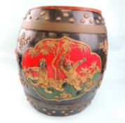 CHINESE PAINTED WOOD RICE BARREL, 20th century, the ebonised and gilded body with friezes