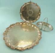 ASSORTED PLATED ITEMS, including large circular EPNS tray with scroll chased border, on three claw
