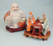 CHINESE REPUBLIC PORCELAIN HAPPY BUDDHA FIGURE, mounted on a wooden base; also a Republic figure