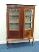 EDWARDIAN MAHOGANY & INLAID BOW FRONT DISPLAY CABINET, leaded glass doors with cushion panes, 154.