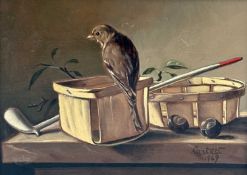‡ JACK HARTERT (20th century) oil on board - still life with chaffinch, baskets, and a clay pipe,