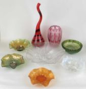 ASSORTED DECORATIVE GLASSWARE, including a Northwood opalescent tri-corner bowl, on three scroll