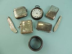 ASSORTED SILVER COLLECTABLES, including two vesta cases, snuff box, serviette ring, pocket watch,