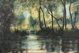 UNKNOWN 20TH CENTURY oil on board - wooded lake with wooden bridge, indistinctly signed lower right,