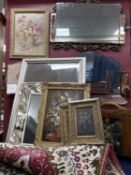 MIXED LOT, comprising three framed oil paintings of floral still lifes, unusual 1950s bevel glass