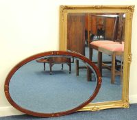 EDWARDIAN MAHOGANY & INLAID OVAL BEVEL GLASS WALL MIRROR, 95 x 64cms; also a modern bevel glass wall