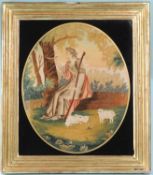 GEORGIAN NEEDLEWORK ON SILK, featuring a shepherdess in thought, in a mourning and cavetto frame, 56