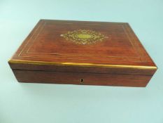 VICTORIAN ROSEWOOD BOX with brass inlay, containing Bezique cards and registers, 5 (h) x 22 (w) x