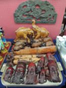 SMALL COLLECTION OF ORIENTAL TREEN, including carved elephants and Daoist masks; together with a