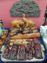 SMALL COLLECTION OF ORIENTAL TREEN, including carved elephants and Daoist masks; together with a