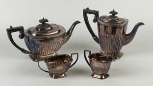 ELIZABETH II FOUR-PIECE SILVER TEA SERVICE, oval form, gadrooned decoration, teapot and hot water