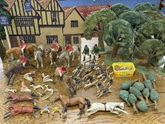 RARE VINTAGE PAINTED WOODEN MODEL FOX HUNTING SET, complete with standing cut-out of the Crown