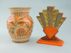 CROWN DUCAL RIBBED VASE designed by Charlotte Rhead, pattern no. 4491, 20.5cms (h); also a Myott Art