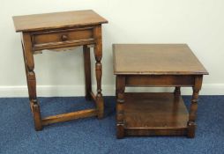 SOLID OAK SIDE TABLE fitted with a drawer, 69 (h) x 54 (w) x 36cms (d); also an oak two-tier