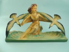 ART DECO PLASTER STATUE of a seated lady with outstretched arms and two birds, M. Toscana N307, 30 x