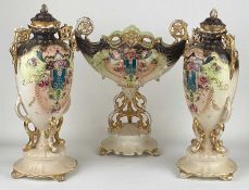VICTORIAN STYLE CERAMIC GARNITURE, central bowl on stand and two lidded vases, each piece with