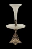 19TH CENTURY EPERGNE, EPNS base mounted with three gryphons, central etched glass bowl, etched glass