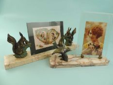 TWO ART DECO PHOTOGRAPH FRAMES, one having rectangular pink marble base, and two bronze spelter