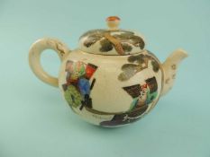 JAPANESE MEIJI PERIOD SATSUMA TEAPOT, squat circular form, decorated with warriors, 8cms (h)