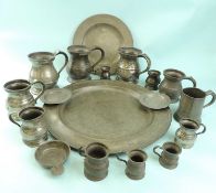 GEORGIAN & LATER PEWTERWARE, including circular charger with London touchmarks, 38cms (diam.);