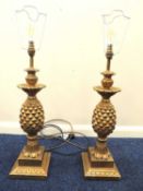 PAIR OF GILDED PLASTER PINEAPPLE TABLE LAMPS, 55cms (h) excluding fittings and fabric shades (2)