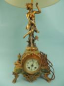 ORNATE FRENCH ORMOLU MOUNTED ONYX TABLE LAMP, surmounted with a gilded spelter figure of a female,