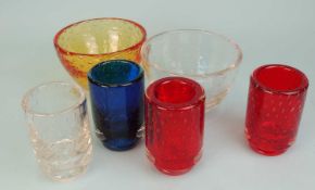 NUMBER OF GLASS LAMPSHADES in the style of Whitefriars, including an amber and clear shade, 14.