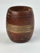 HMS VICTORY 'NELSON' SOUVENIR SMALL BARREL-FORM MATCH HOLDER, with applied brass plaque, dated 1937,