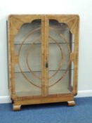 ART DECO WALNUT DISPLAY CABINET with two plate glass shelves, 118 (h) x 87 (w) x 29cms (d)
