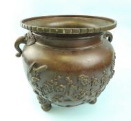 LARGE JAPANESE BRONZE KORO, Meiji period, cast on both sides with birds amidst prunus blossom,