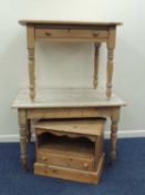 PINE FURNITURE GROUP, comprising rectangular scrub top table with turned supports; centre table with