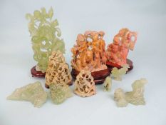 SMALL COLLECTION OF MODERN JADES & CARVED SOAPSTONE ORNAMENTS, largest 21cms (h), smallest being a