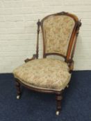 VICTORIAN CARVED WALNUT LADIES' SALON CHAIR c. 1860, tapestry fabric back with fluted column