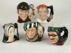 FIVE ROYAL DOULTON CHARACTER JUGS, Bootmaker D6572, Dick Turpin, The Sleuth D6631, The Falconer