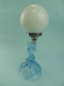 ART DECO MOULDED BLUE GLASS FIGURAL TABLE LAMP, globular white opaque glass shade with chrome