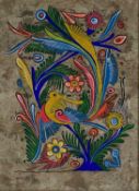 20TH CENTURY MEXICAN FOLK ART watercolour - vibrant bird and flowers, unsigned, 39 x 29cms
