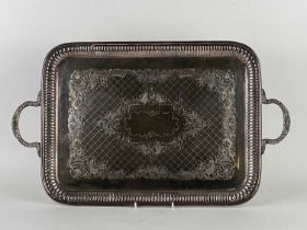 ELIZABETH II SILVER RECTANGULAR TWO-HANDLED TEA TRAY, with moulded border and engraved centre field,