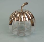VICTORIAN PUMPKIN FORM HEAVY GLASS INKWELL with silver-plated mount and hinged cover, 18.5cms (h)