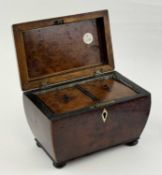 BURR YEW WOOD DOUBLE TEA CADDY, strung and with bone escutcheon, on bun feet, interior with twin-