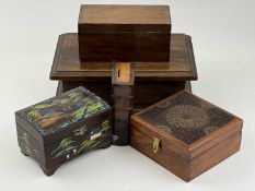 VARIOUS BOXES, including square teak trinket box with brass inlay, 8 (h) x 15 (w) x 15cms (d);