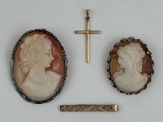 9CT GOLD MOUNTED CARVED SHELL CAMEO BROOCH, 38mms, gross weight approx. 8g; together with a