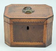 GEORGE III OCTAGONAL DOUBLE TEA CADDY, crossbanded, strung and checkered inlay in various woods,