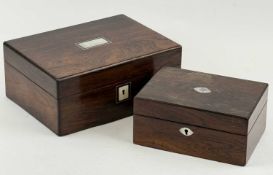TWO 19TH CENTURY ROSEWOOD TRINKET BOXES, rectangular with mother of pearl inlaid tablet to the