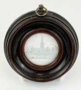 RARE 19TH CENTURY MINIATURE CIRCULAR EMBOSSED PAPER PICTURE OF SALISBURY CATHEDRAL, under convex